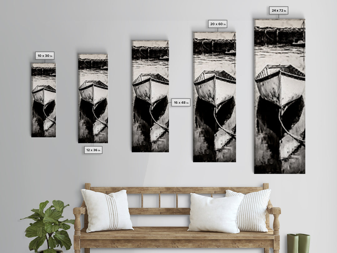 Monochrome Boat Reflection Framed Canvas Print nautical painting moody art coastal wall art nautical wall art gift idea for him