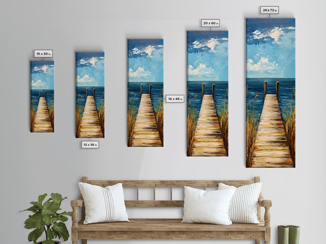 Coastal Dock Painting Framed Canvas Print, Nautical Decor, Coastal Landscape Art, Seascape Painting, Blue and Green Wall Art, Bedroom Art