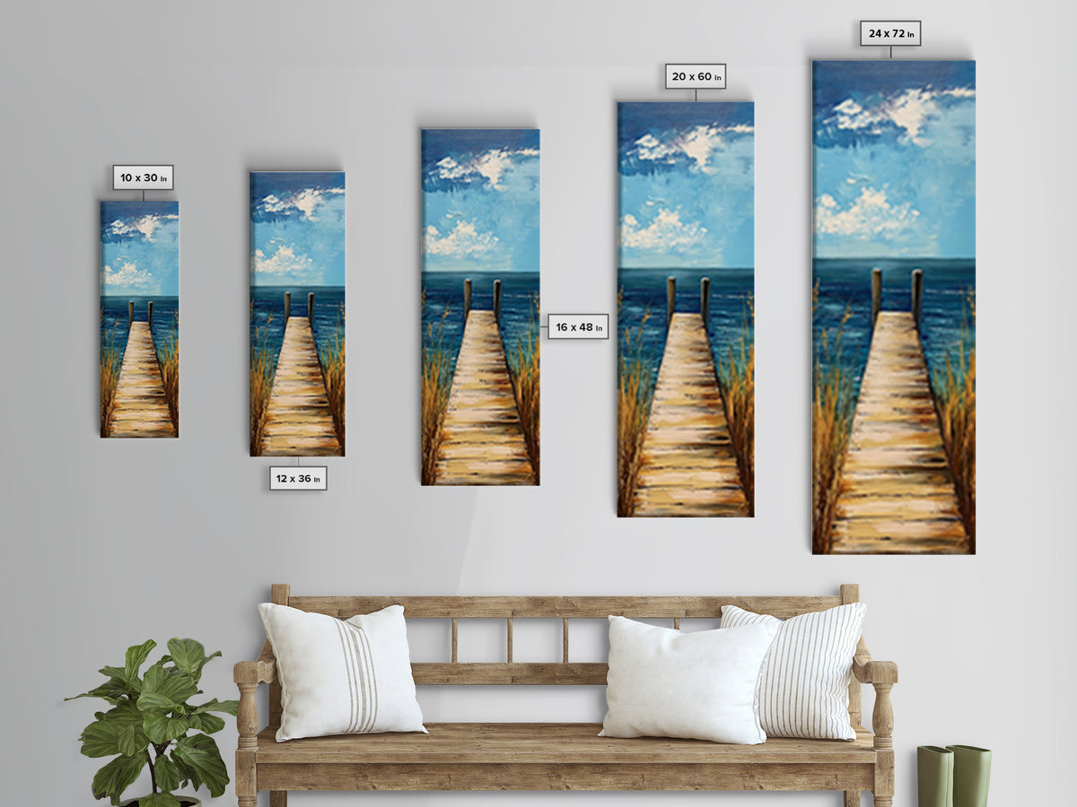 Coastal Dock Painting Framed Canvas Print, Nautical Decor, Coastal Landscape Art, Seascape Painting, Blue and Green Wall Art, Bedroom Art