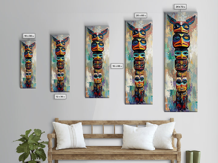 Totem Pole Framed Canvas Print tribal art rustic decor abstract painting blue and green wall art moody art tall narrow art unique wall art
