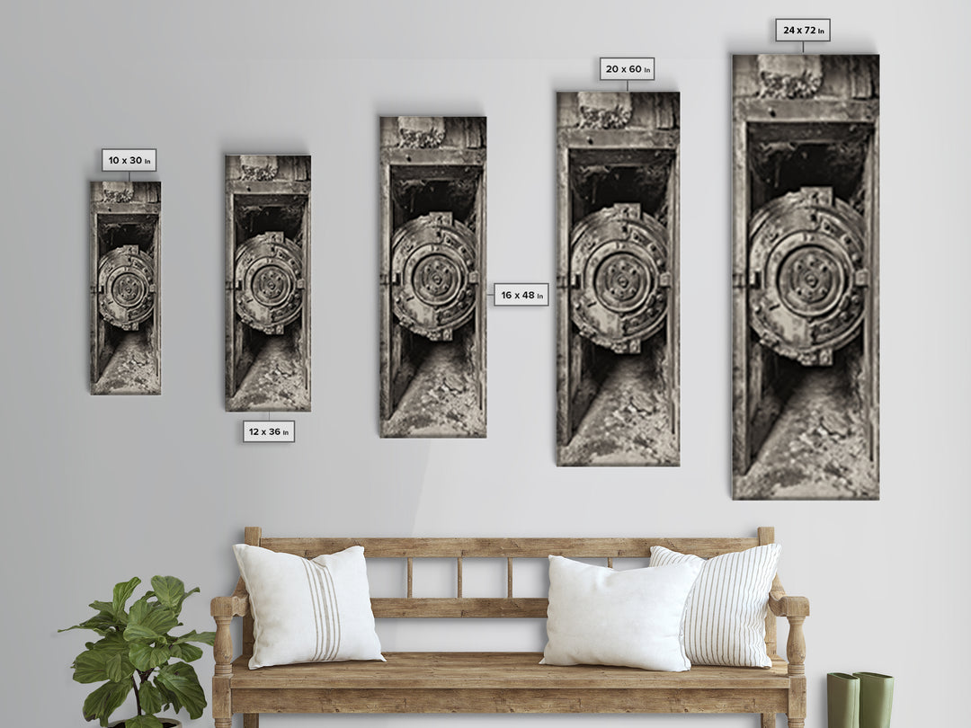 Abandoned Vault Door, Rustic Canvas Print, wabi sabi art, rustic decor, moody art, industrial wall art, antique architecture, above bed wall art