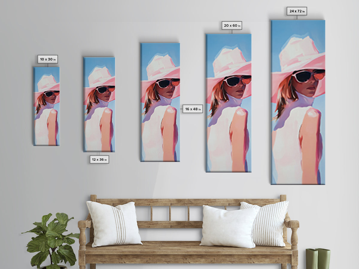 Chic Woman in Pink Hat Light Pink Wall Art Framed Canvas Print Fashion Illustration Modern Home Decor Bedroom Art