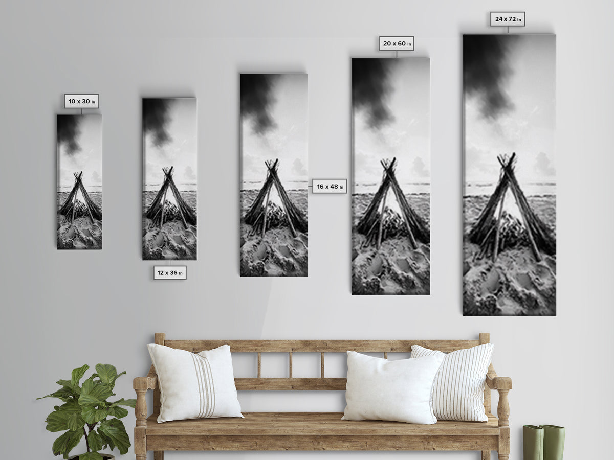 Beach Bonfire, Minimalist Art, Framed Canvas Print, nautical wall art, rustic decor, coastal painting, zen wall art, moody art, minimalist art