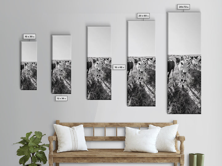 Running Cattle, Framed Canvas Print, rustic western wall art, cowboy décor, farmhouse art, above sofa art, panoramic painting, country home decor