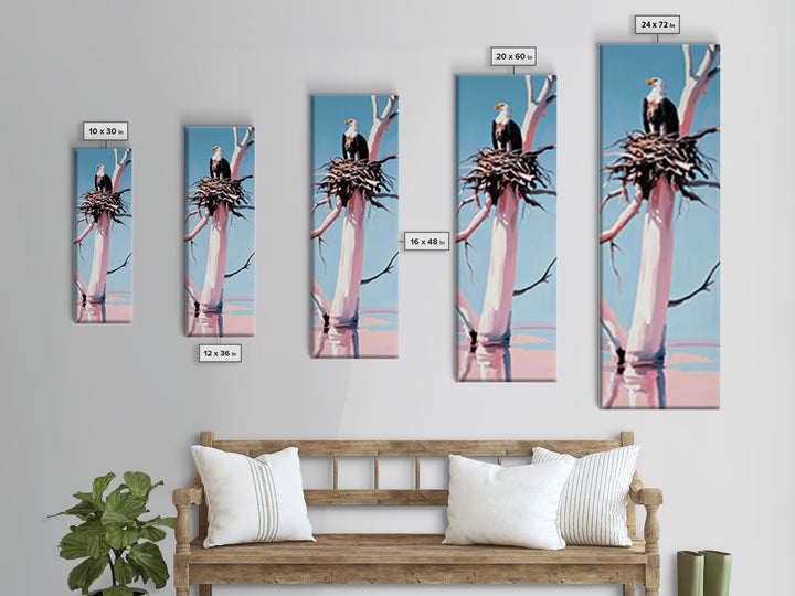 Majestic Eagle Nest, Framed Canvas Print, wildlife art, bird art, rustic wall art, pine tree art, tall narrow art, farmhouse décor, gift idea