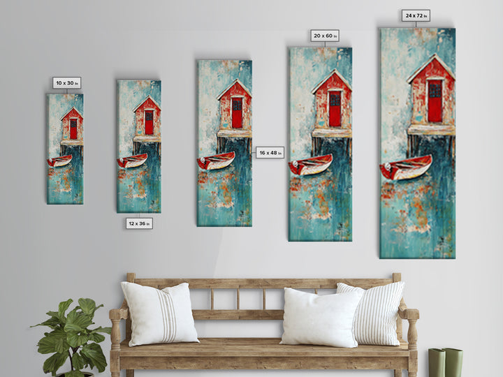 Red Boathouse Coastal Scene Framed Canvas Print | Nautical Decor | Seascape Painting | Rustic Wall Art | Coastal Painting