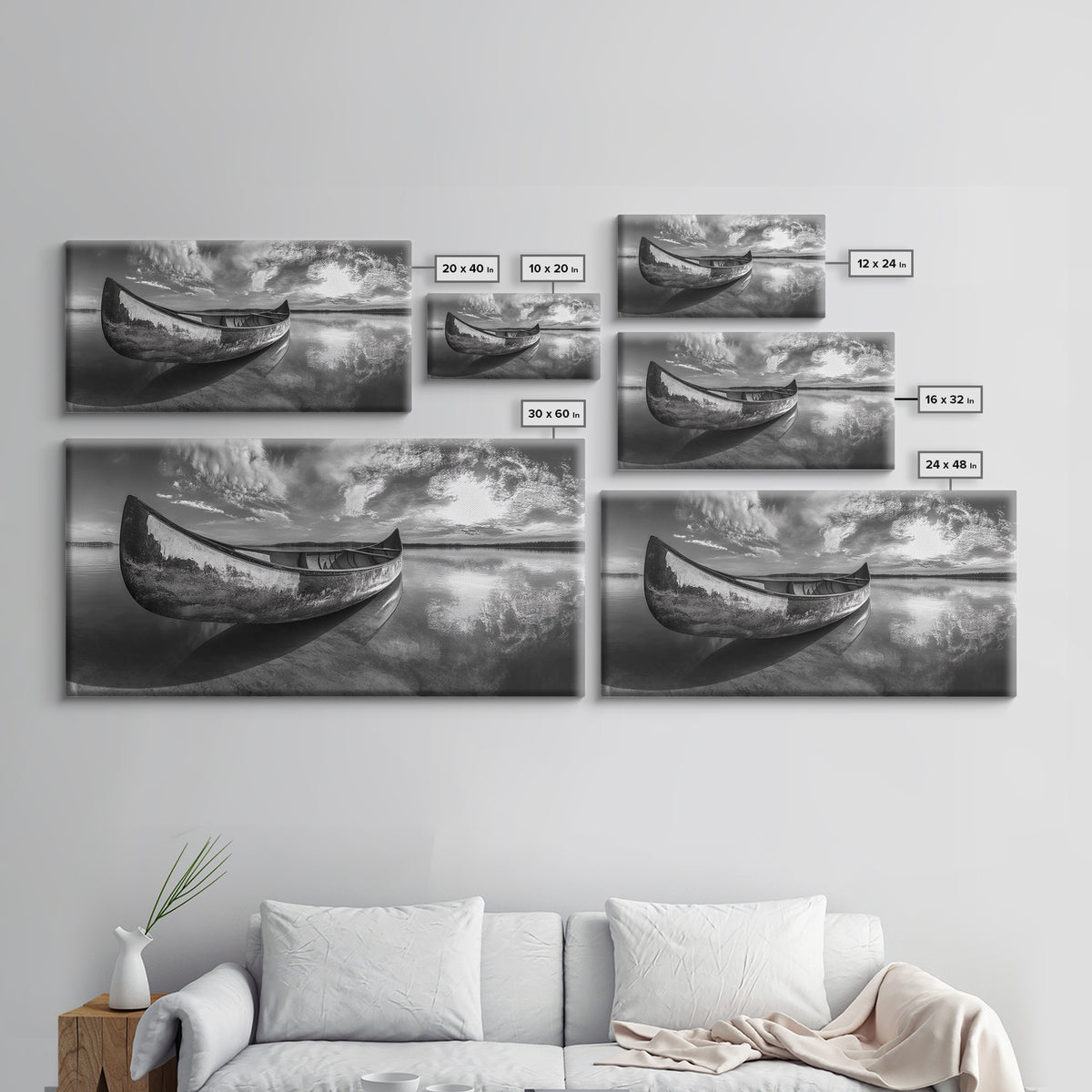 Canoe, Nautical Decor, Lake Tahoe Art, Coastal Wall Art, Above Couch Art, Rustic Art, Panoramic Painting, Framed Canvas Print