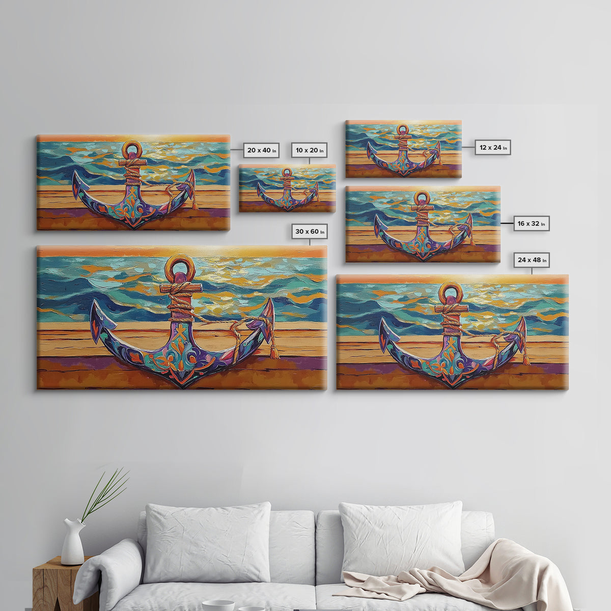 Anchor at Sunset, nautical painting, coastal decor, ocean art, framed canvas print, above sofa art, beach house decor, seascape