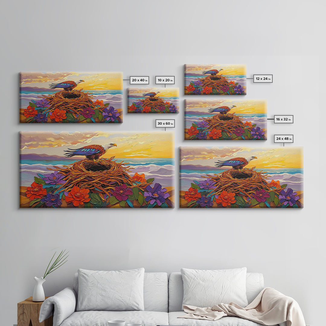 Bald Eagle Nest, bird art, mountain painting, moody art, southwest wall art, patriotic decor, nature art, Framed Canvas Print