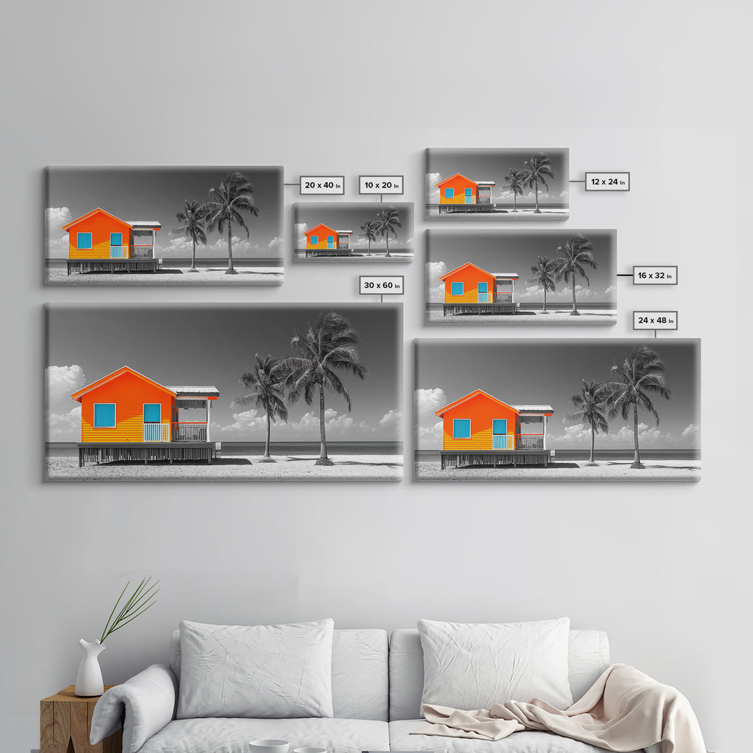 Bright Beach House Framed Canvas Print | Coastal Landscape Art | Nautical Wall Art | Coastal Decor | Extra Wide Art | Tropical Beach Art