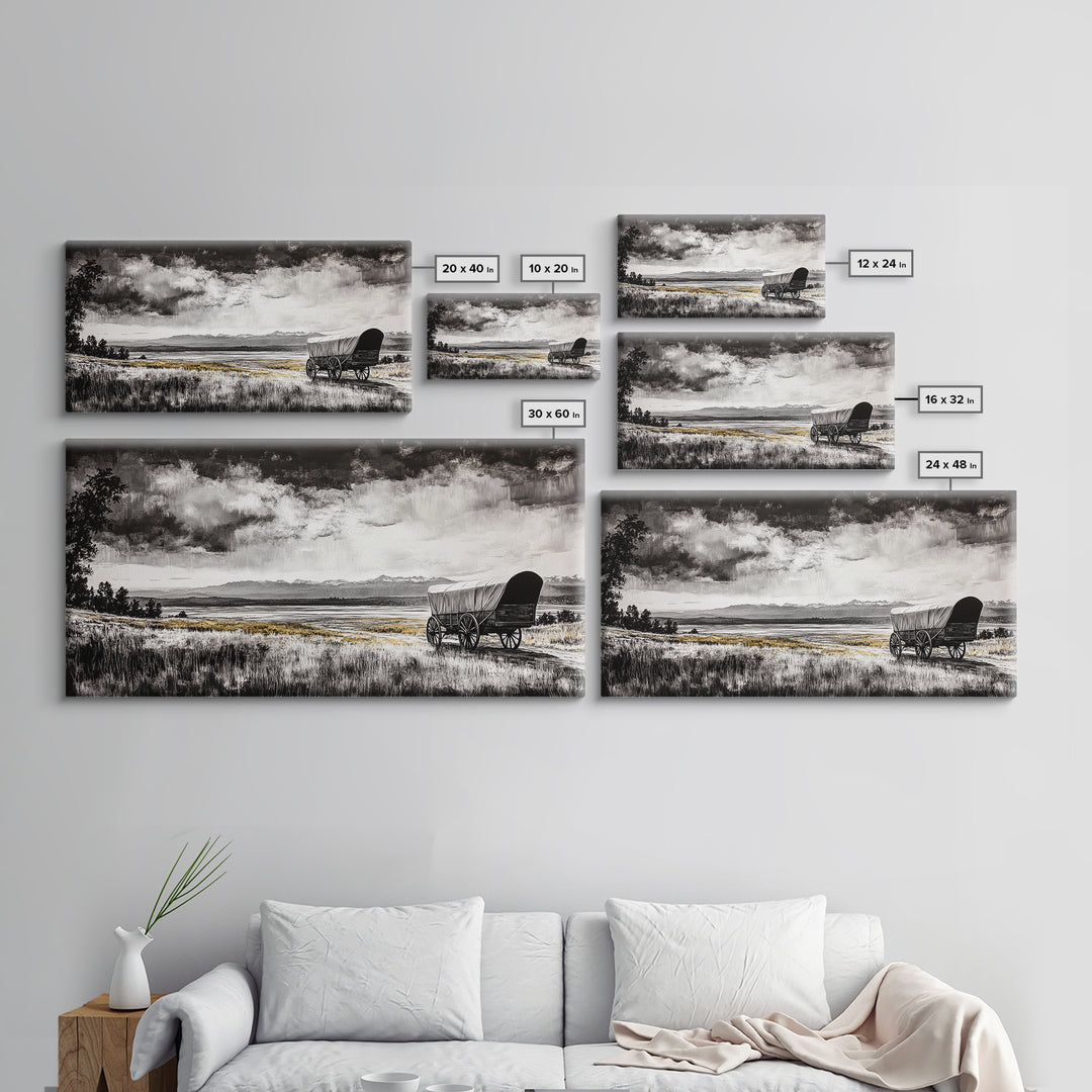 Covered Wagon, barn landscape oil painting, rustic wall art, farmhouse decor, panoramic art, smoky mountain art, Framed Canvas Print, landscape