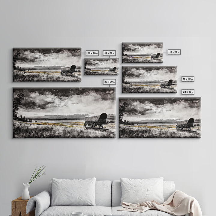 Covered Wagon, barn landscape oil painting, rustic wall art, farmhouse decor, panoramic art, smoky mountain art, Framed Canvas Print, landscape