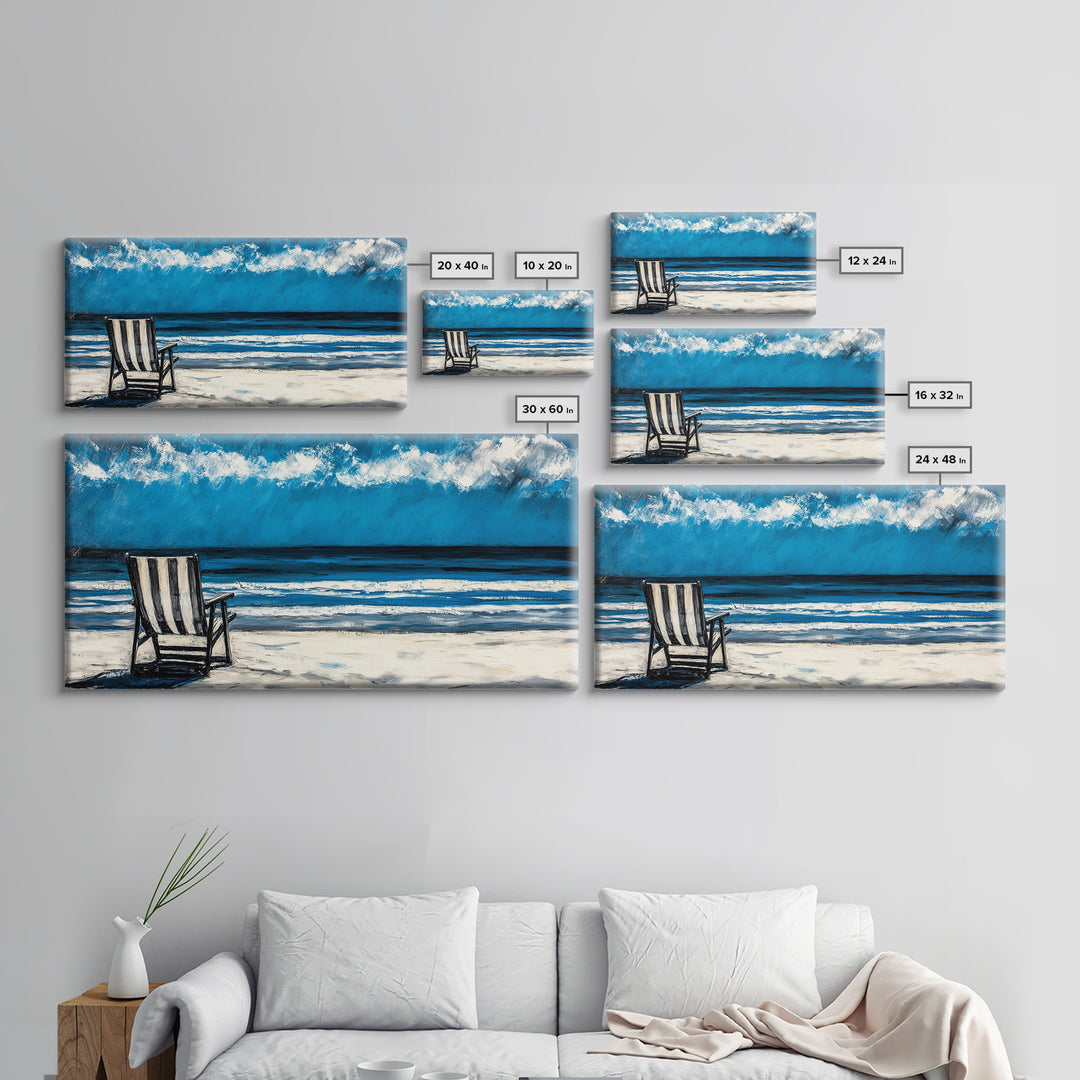Beach Chair, coastal decor, nautical painting, seascape painting, ocean view, lake Tahoe art, blue and green wall art, Framed Canvas Print, surf