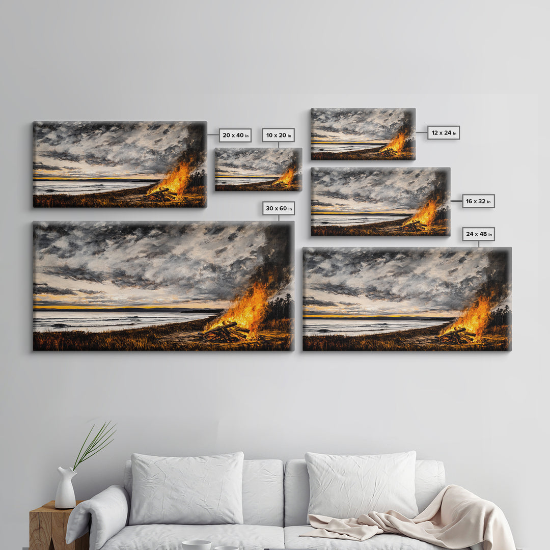 Campfire, forest at dusk painting, smoky mountain art, extra wide art, autumn decor, wabi sabi art, Framed Canvas Print, above couch art