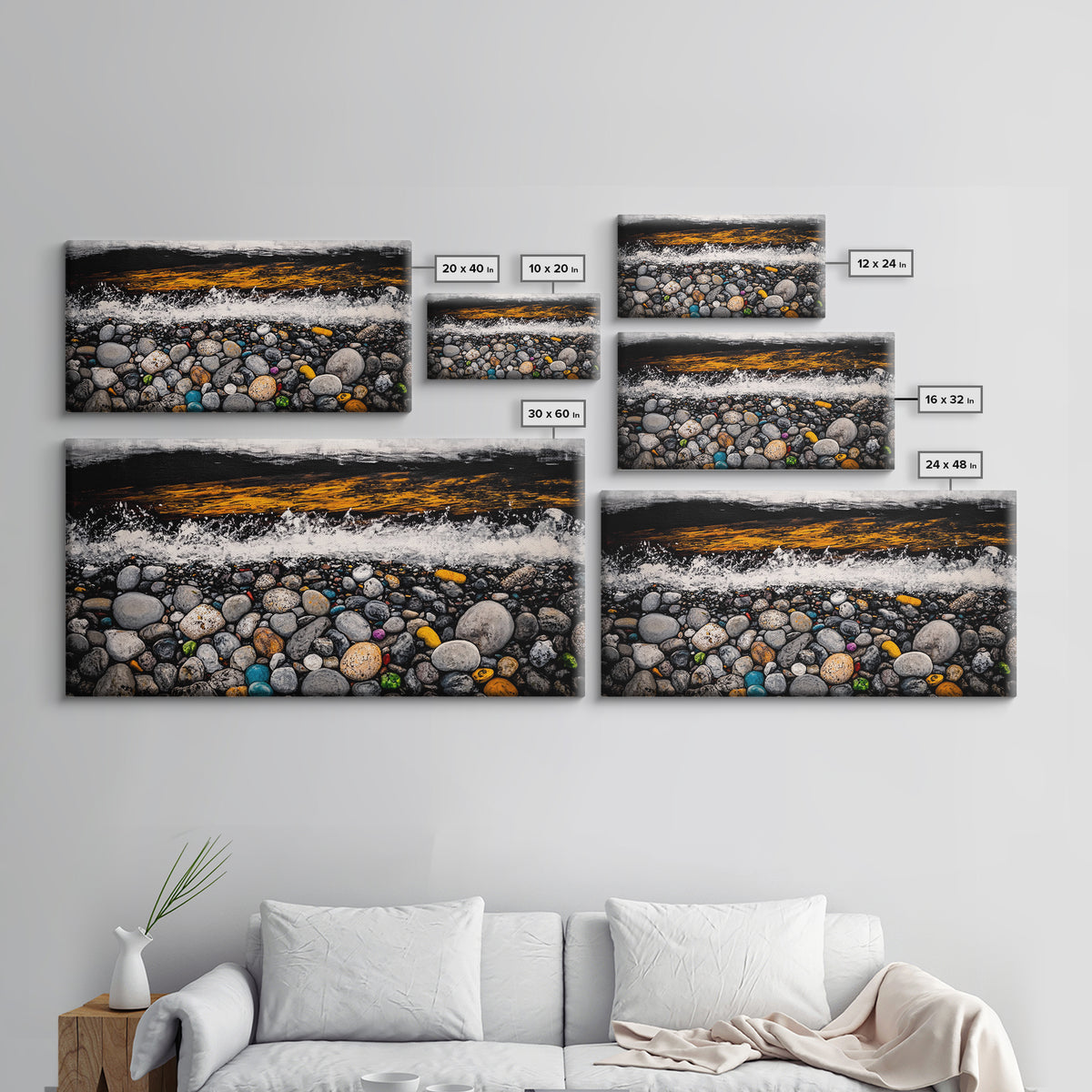Pebble Beach, coastal landscape art, wabi sabi art, rustic decor, moody art, panoramic painting, seascape painting, Framed Canvas Print, zen art