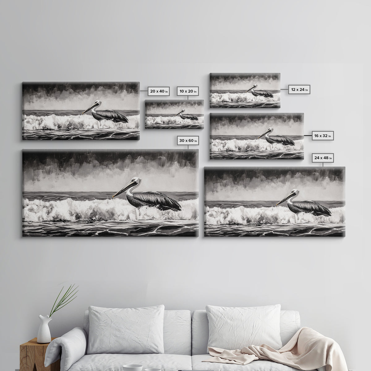 Pelican, coastal wall art, nautical painting, black and white art, seascape painting, ocean bird, Framed Canvas Print, beach decor