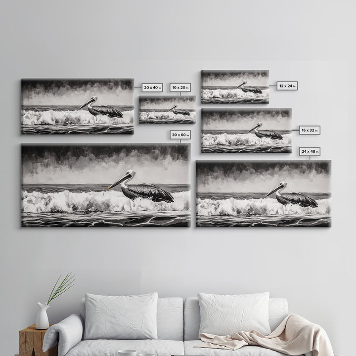 Pelican, coastal wall art, nautical painting, black and white art, seascape painting, ocean bird, Framed Canvas Print, beach decor