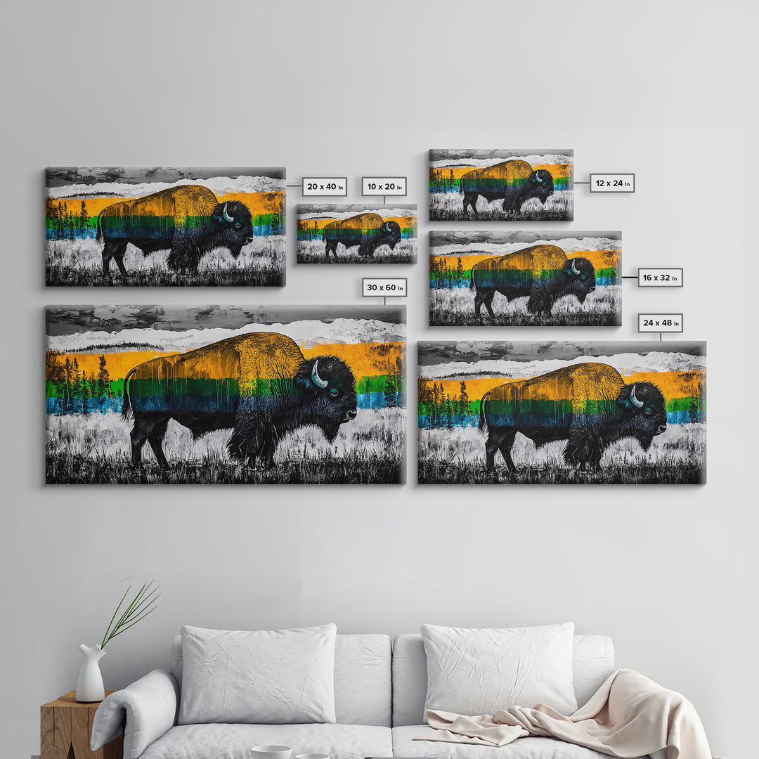 Bison, rustic wall art, mountain painting, western decor, wildlife art, Joshua tree art, extra wide art, Framed Canvas Print, moody art