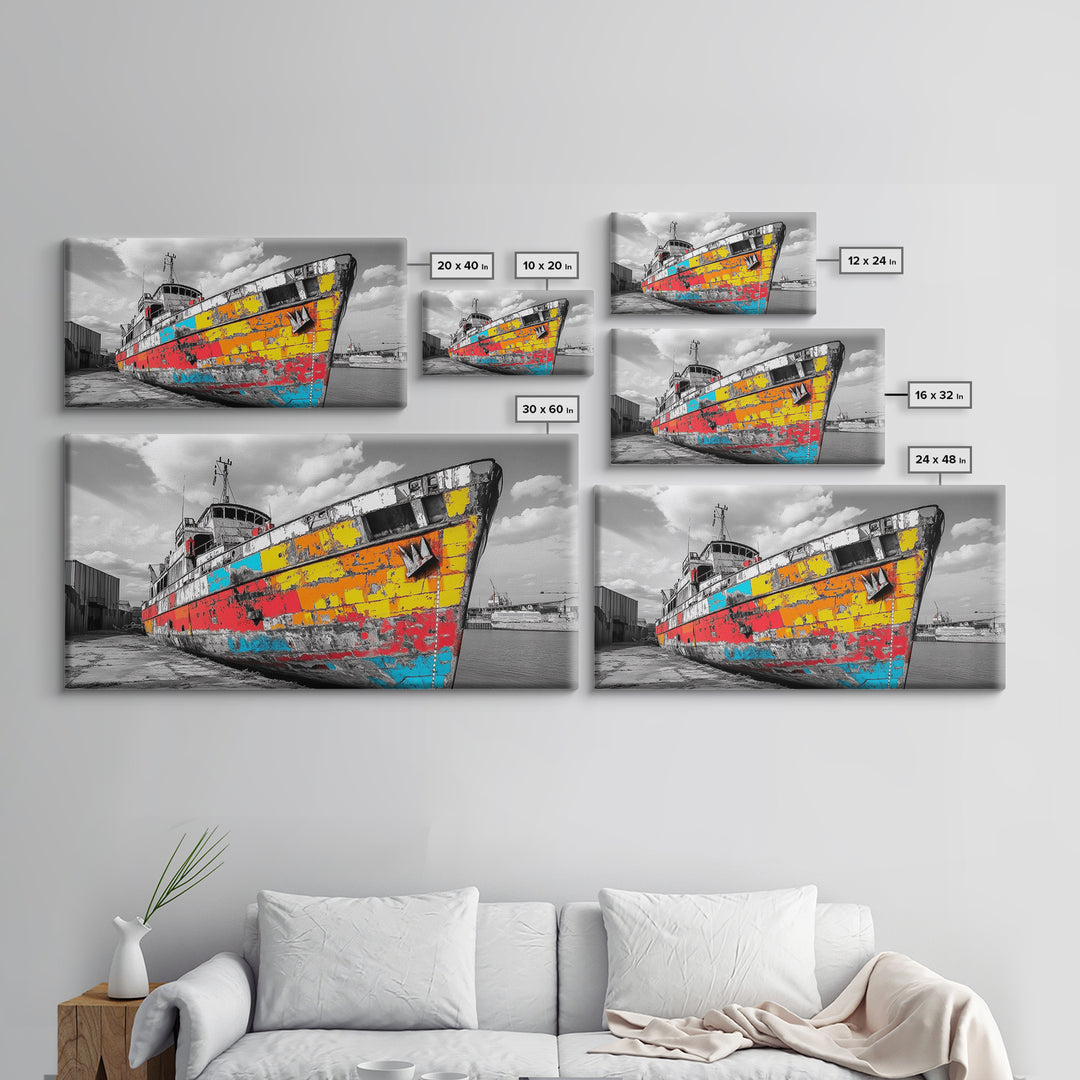Colorful Rusted Ship Canvas Print | Nautical Wall Art | Coastal Painting | Moody Art | Extra Wide Art | Above Sofa Art | Wabi Sabi Art