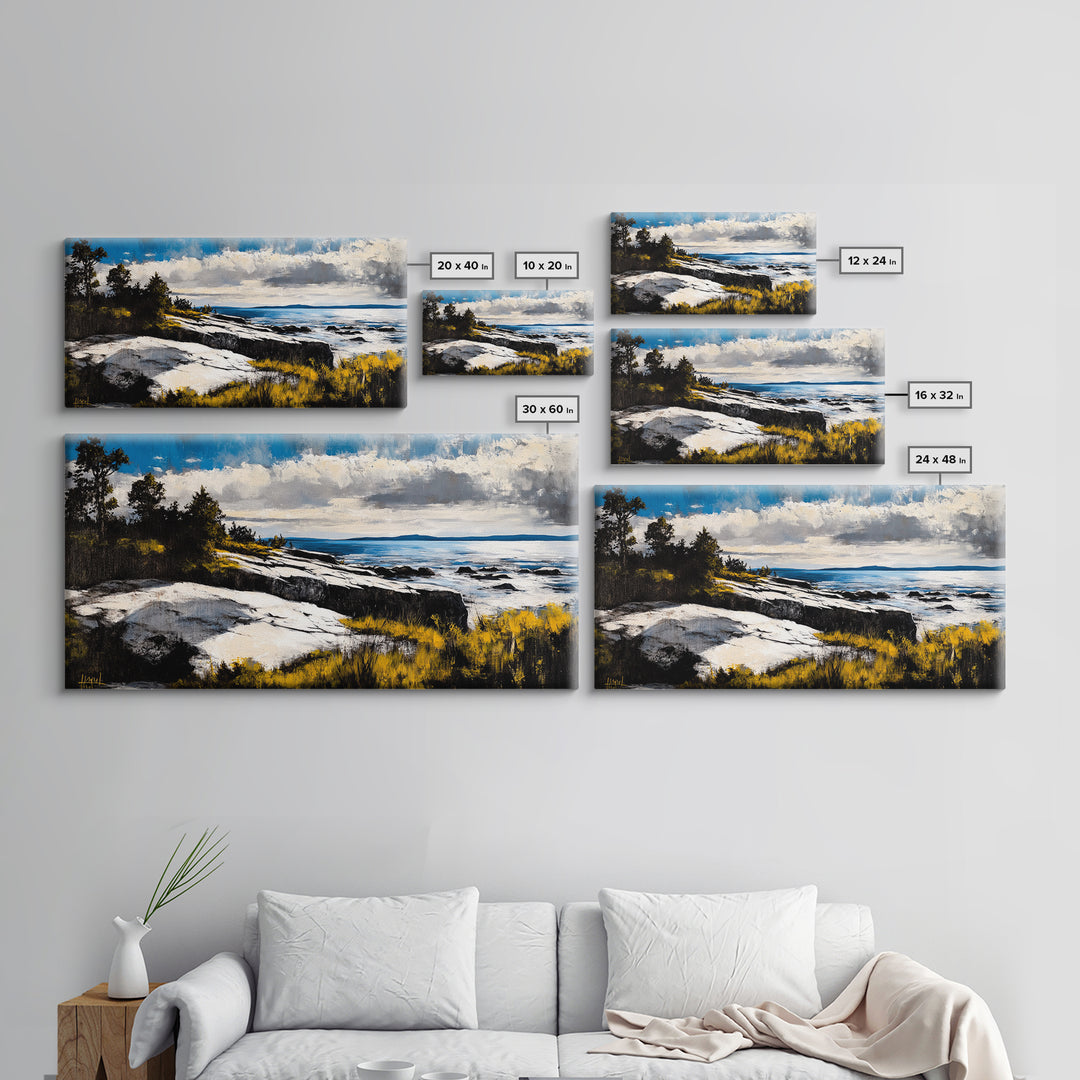 Coastal Landscape, Maine oil painting, seascape painting, landscape painting, nautical wall art, extra wide art, framed canvas print