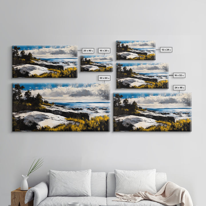 Coastal Landscape, Maine oil painting, seascape painting, landscape painting, nautical wall art, extra wide art, framed canvas print