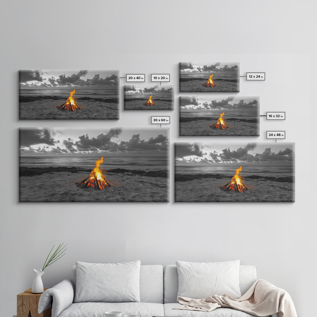 Campfire on Beach Framed Canvas Print | Seascape Painting | Coastal Wall Art | Moody Art | Rustic Decor | Extra Wide Art | Nautical Painting