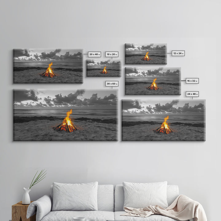 Campfire on Beach Framed Canvas Print | Seascape Painting | Coastal Wall Art | Moody Art | Rustic Decor | Extra Wide Art | Nautical Painting