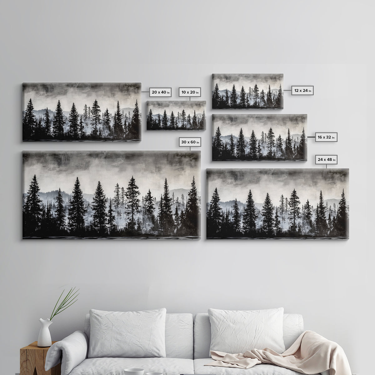 Pine Tree Forest, Moody Landscape Painting, Black and White Wall Art, Nature Wall Art, Extra Wide Art, Framed Canvas Print, Rustic Decor