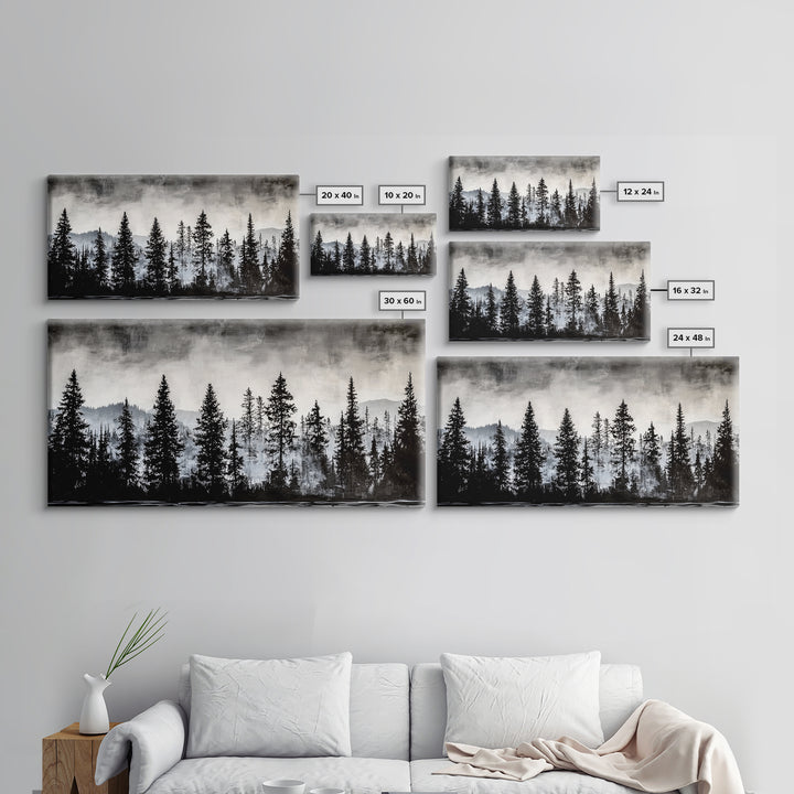 Pine Tree Forest, Moody Landscape Painting, Black and White Wall Art, Nature Wall Art, Extra Wide Art, Framed Canvas Print, Rustic Decor