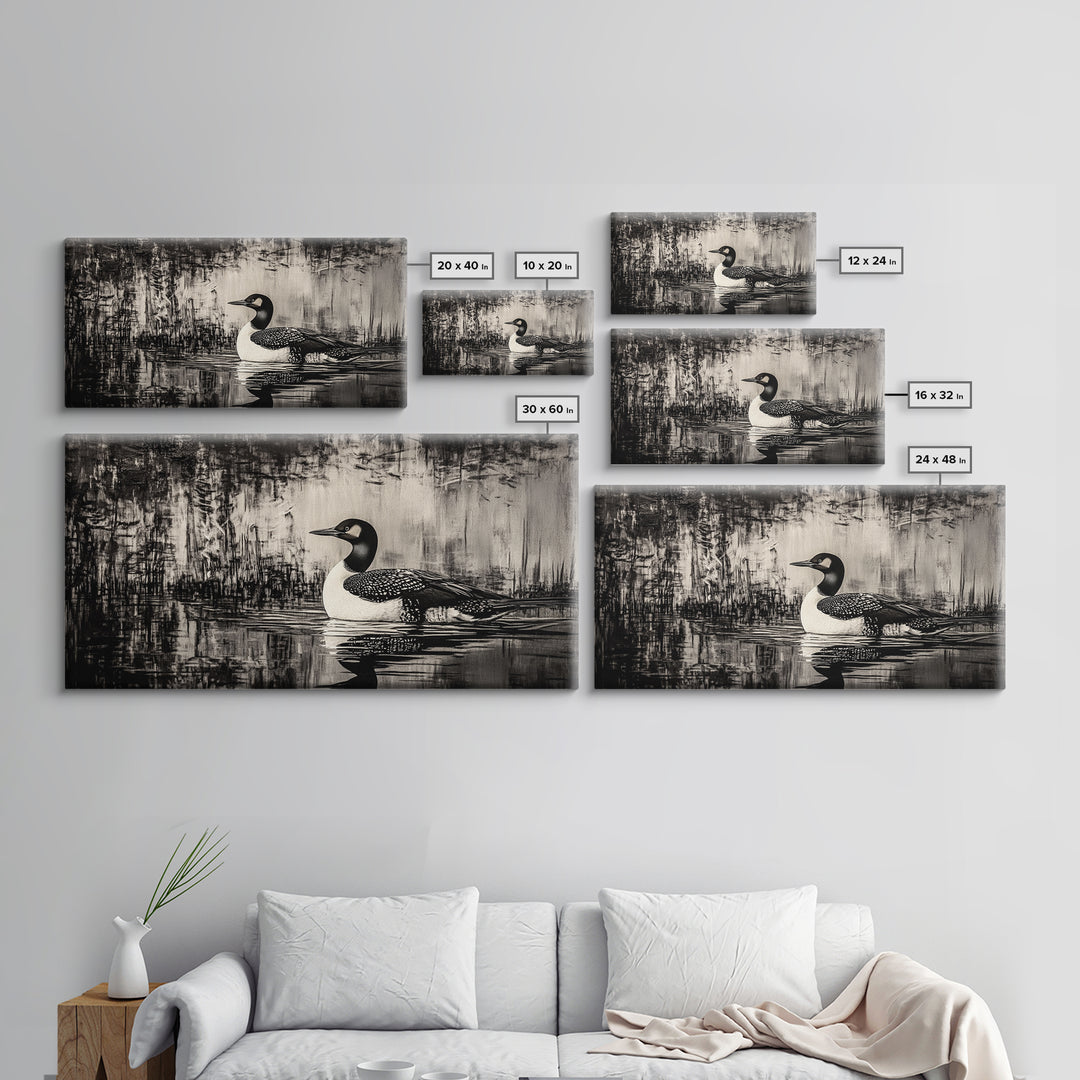 Loon Bird Art, Black and White Painting, Wildlife Wall Art, Rustic Decor, Framed Canvas Print, Lake House Art, Nature Lover Gift