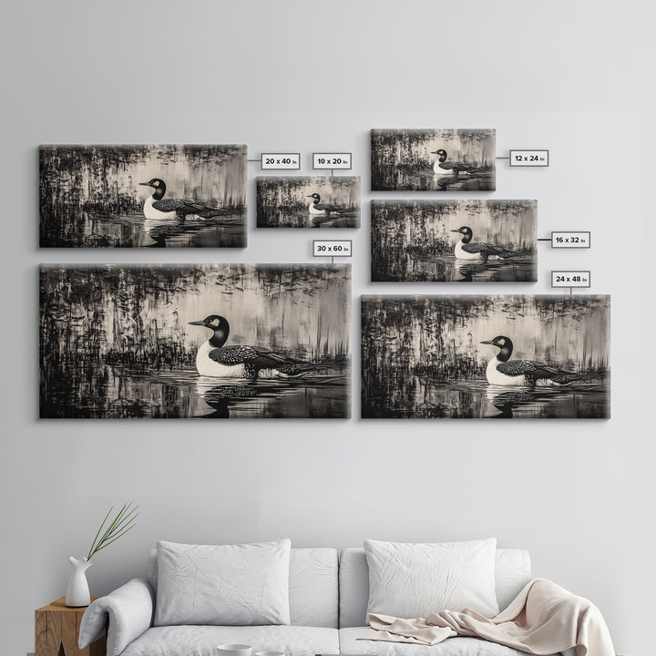 Loon Bird Art, Black and White Painting, Wildlife Wall Art, Rustic Decor, Framed Canvas Print, Lake House Art, Nature Lover Gift