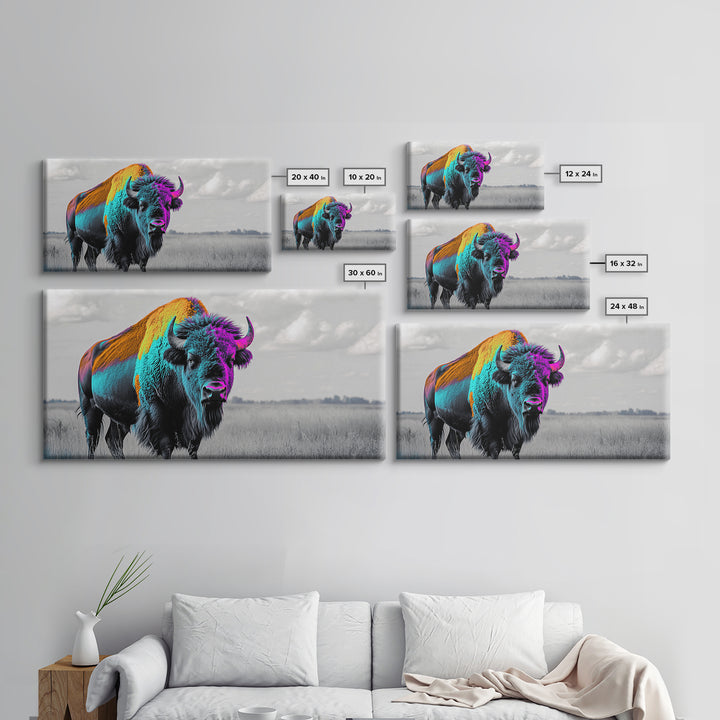 Neon Buffalo Portrait Canvas Print | Western Wall Art | Afrocentric Art | Moody Art | Rustic Decor | Southwest Art | Extra Wide Art.