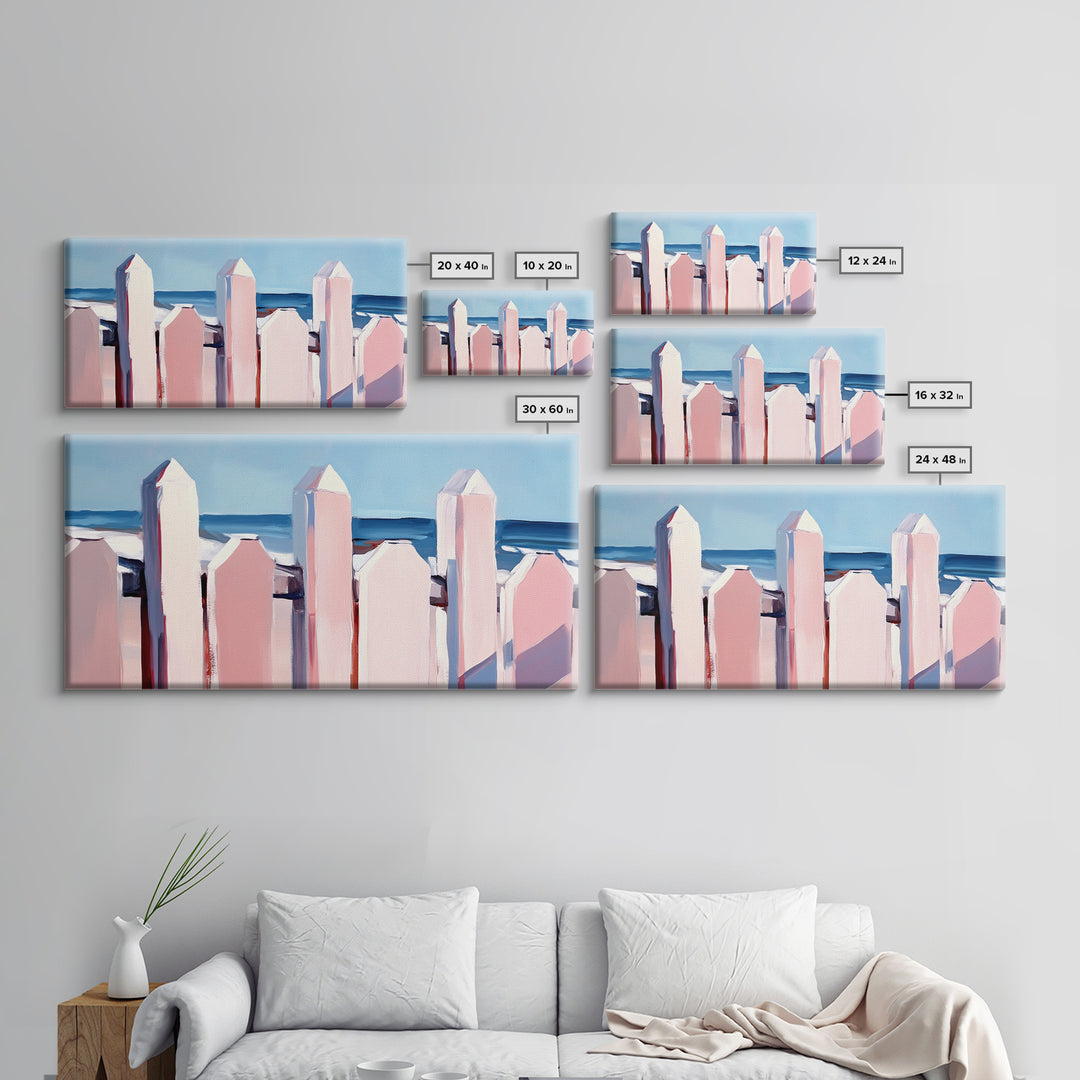 Beach Fence Painting, Coastal Landscape Art, Nautical Wall Decor, Soft Pastel Colors, Framed Canvas Print, Extra Wide Art, Seaside Home