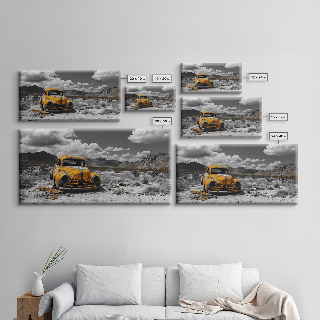 Abandoned Car in Desert Framed Canvas Print | Custom Car Painting | Moody Art | Southwest Wall Art | Wabi Sabi Art | Extra Wide Art