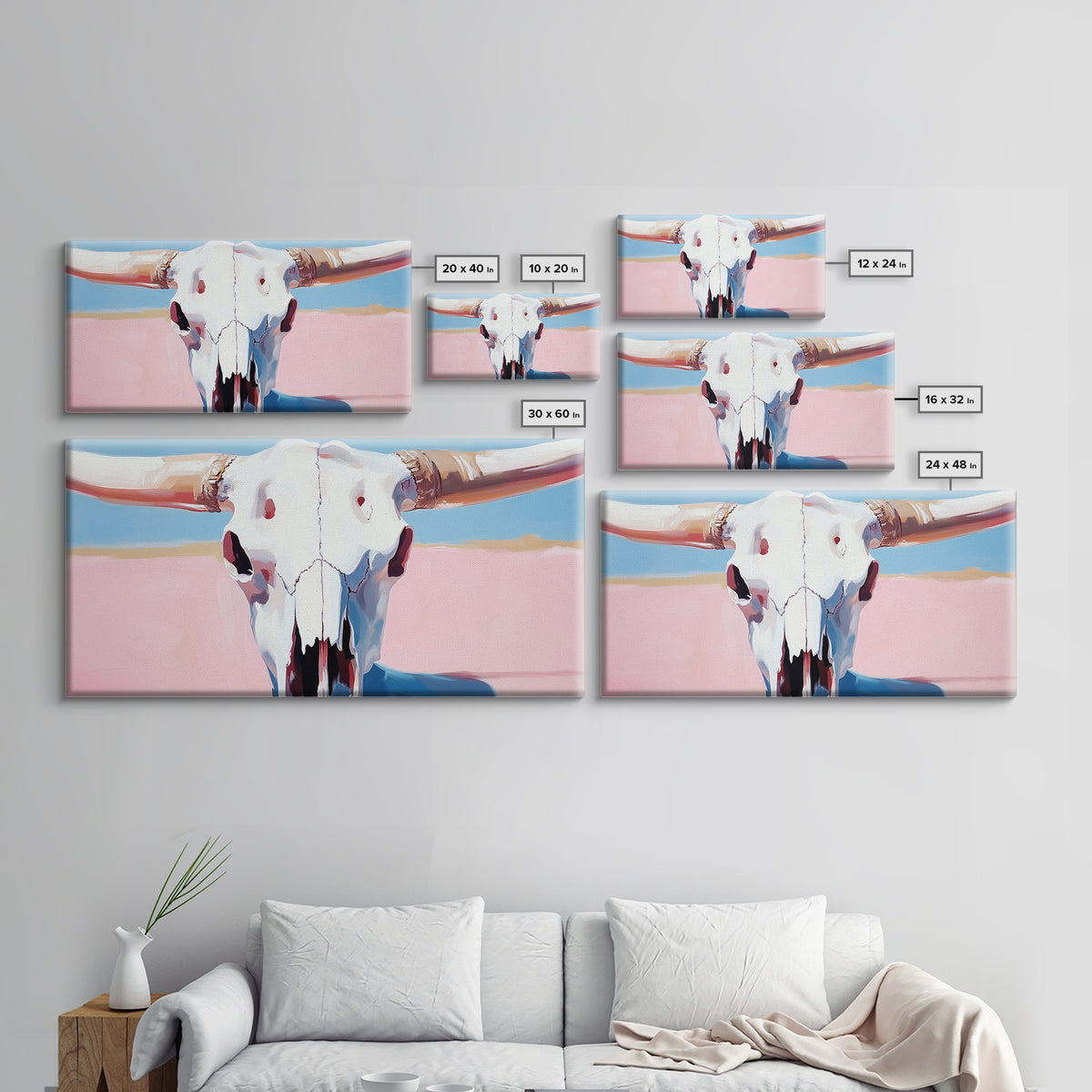 Bull Skull Painting, Southwest Wall Art, Pink and Blue Art, Rustic Western Decor, Framed Canvas Print, Extra Wide Art, Boho Art