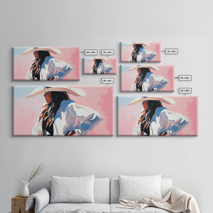 Cowgirl in White, Black Cowgirl Painting, Coastal Cowgirl Wall Art, Rustic Decor, Light Pink Wall Art, Canvas Print, Bedroom Art, Moody Art