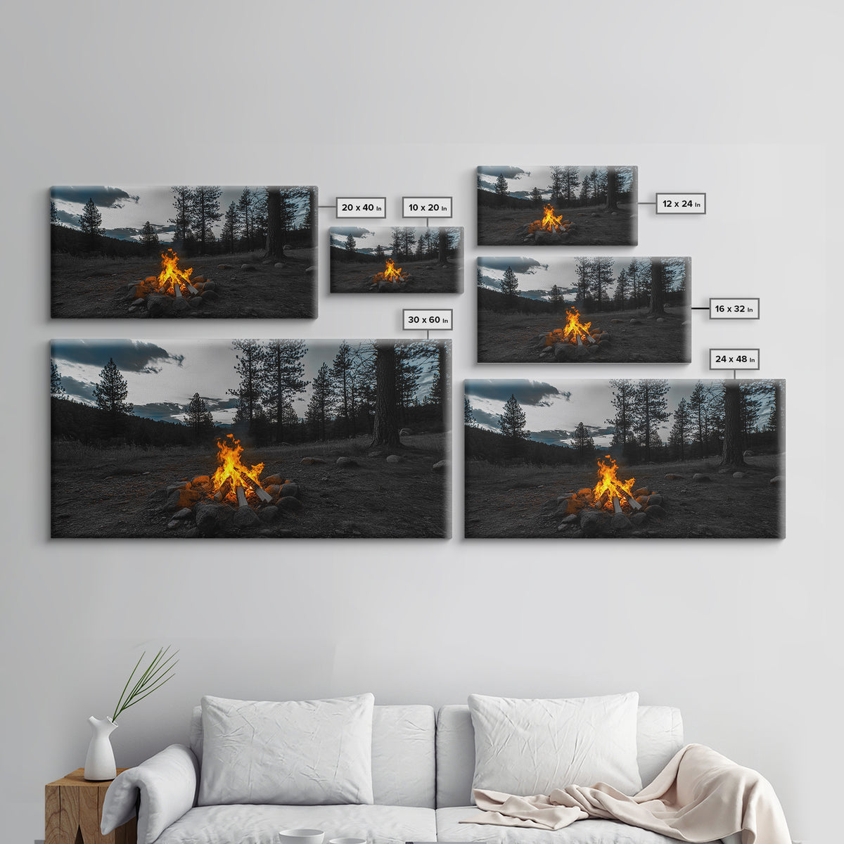 Campfire Under Pine Trees Canvas Print | Forest at Dusk Painting | Rustic Wall Art | Moody Landscape Art | Above Sofa Art | Extra Wide Art