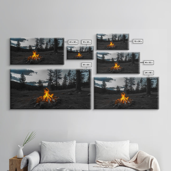 Campfire Under Pine Trees Canvas Print | Forest at Dusk Painting | Rustic Wall Art | Moody Landscape Art | Above Sofa Art | Extra Wide Art
