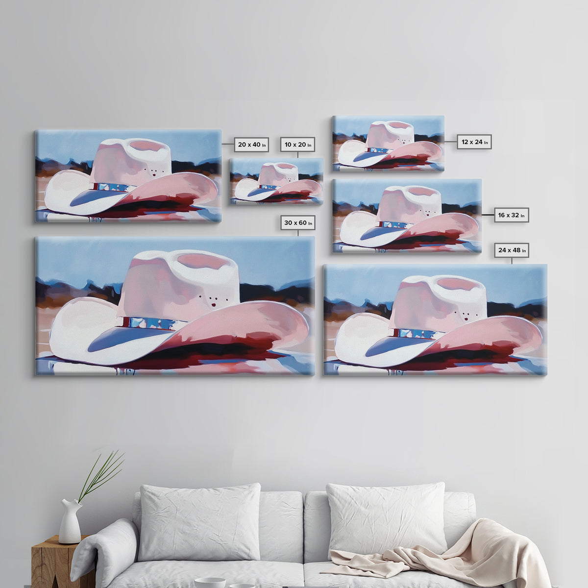 Cowboy hat, western art, farmhouse art, framed canvas print, rustic wall art, gift idea, wabi sabi art, pink abstract art, lofi art