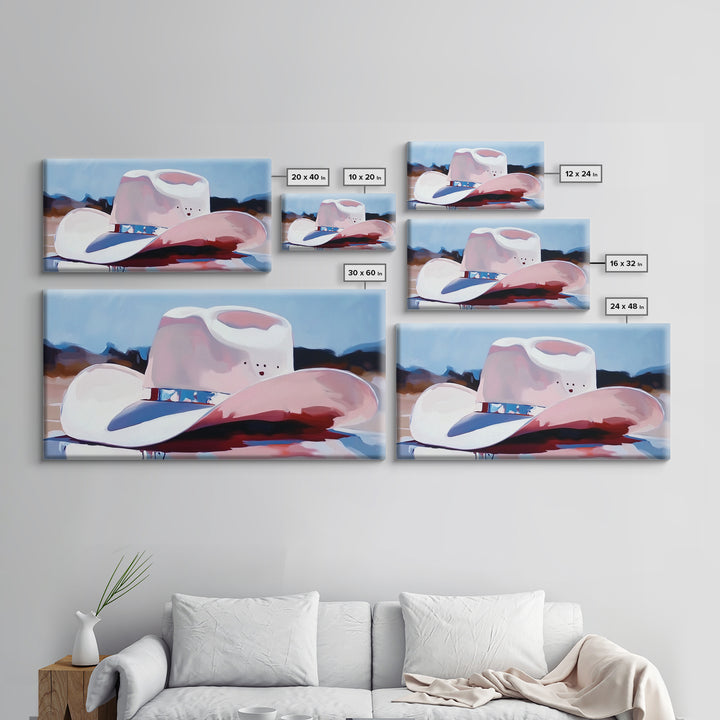 Cowboy hat, western art, farmhouse art, framed canvas print, rustic wall art, gift idea, wabi sabi art, pink abstract art, lofi art