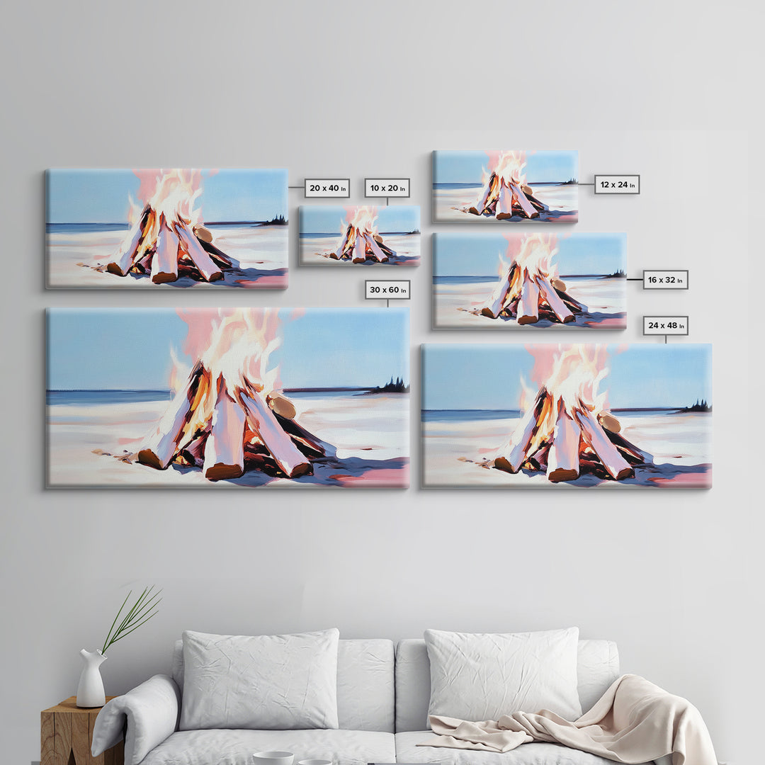 Campfire, moody art, coastal landscape art, framed canvas print, rustic decor, fire painting, extra wide art, landscape painting