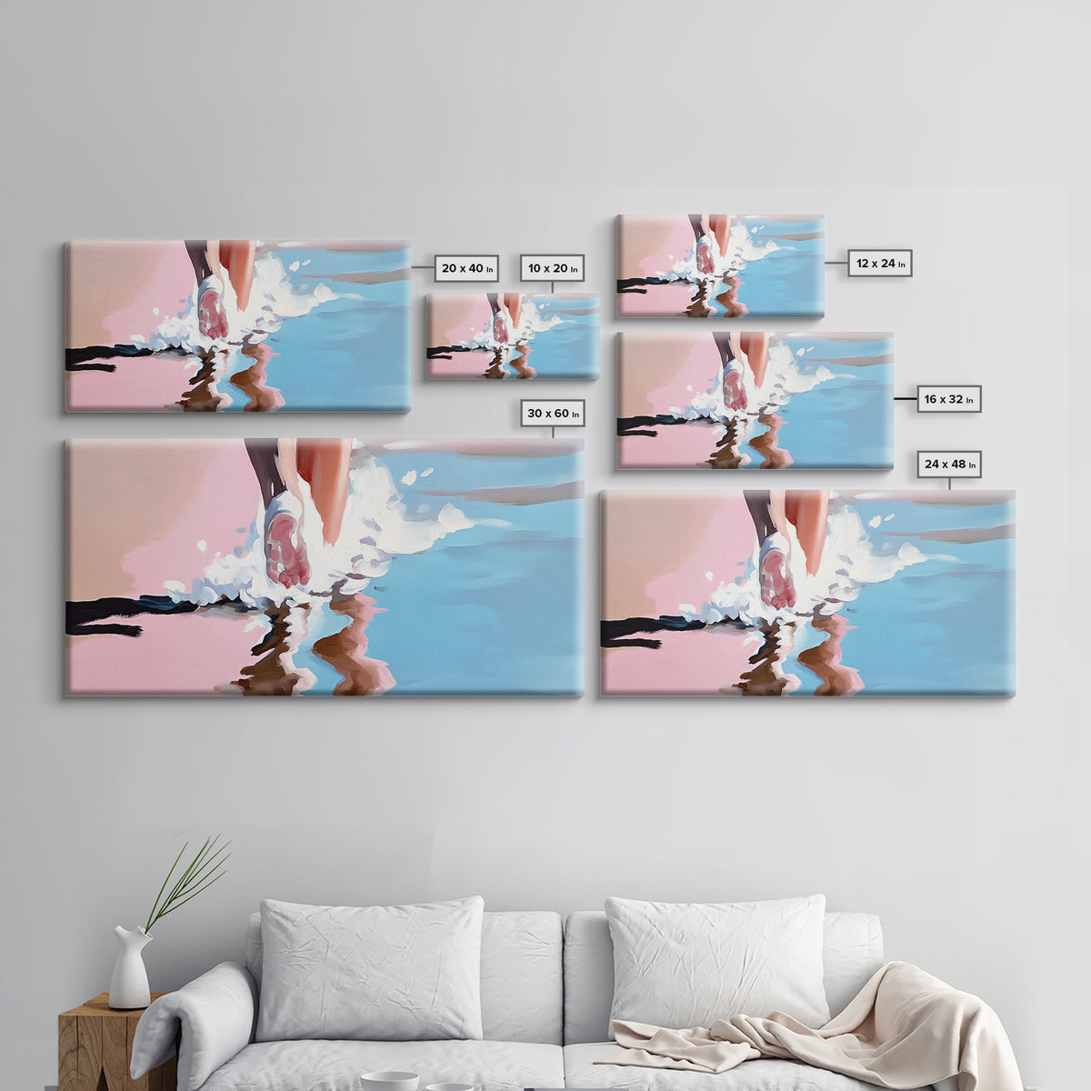 Barefoot Beach Walk, coastal decor, ocean painting, seascape painting, pink abstract art, light pink wall art, canvas print