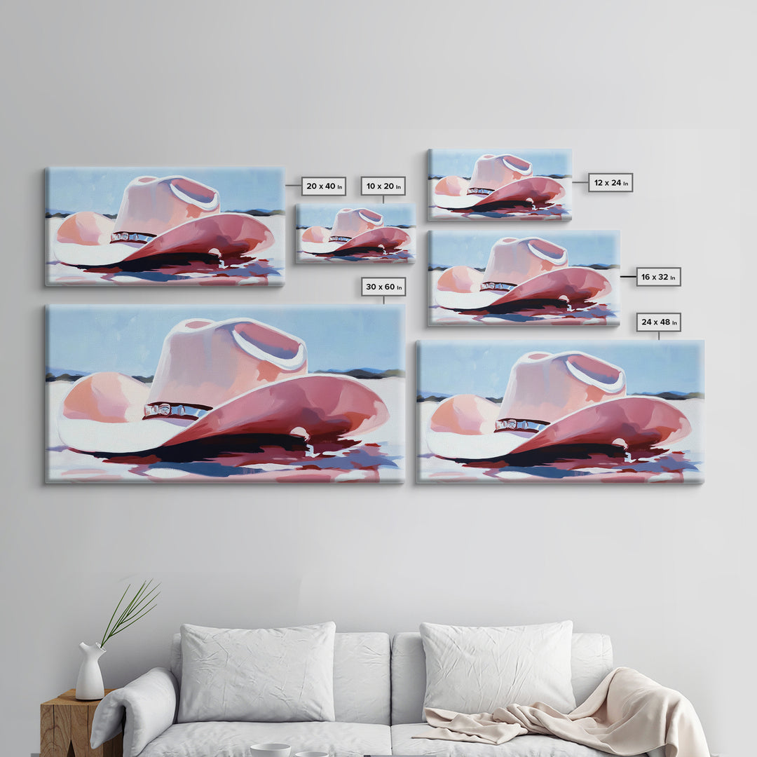 Cowboy Hat in Desert, western art, vintage cowgirl, rustic wall art, pink wall art, light pink wall art, framed canvas print