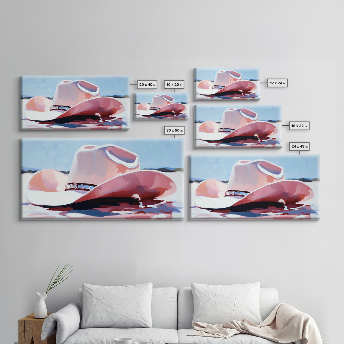 Cowboy Hat in Desert, western art, vintage cowgirl, rustic wall art, pink wall art, light pink wall art, framed canvas print