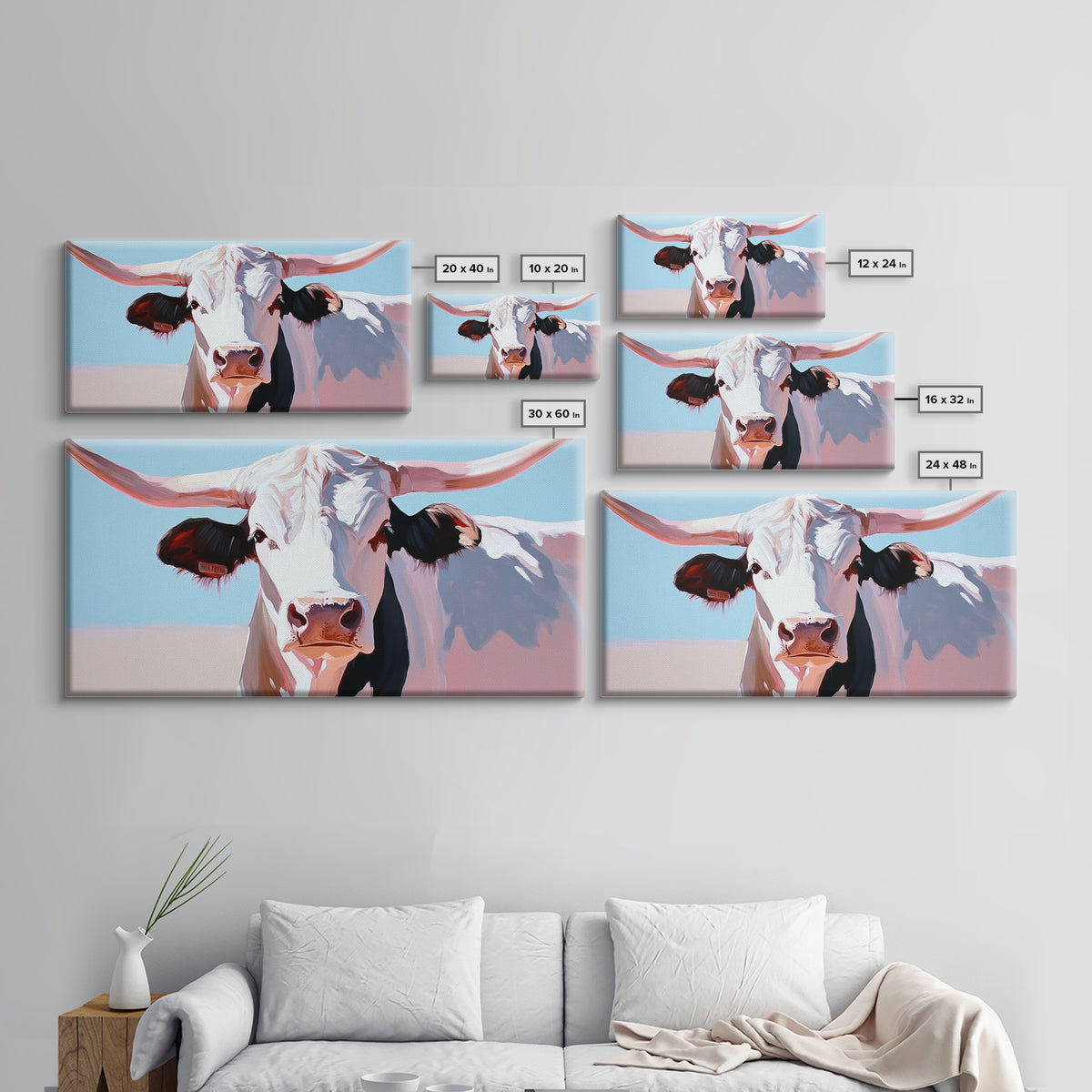 Bull And Bear Art, Rustic Wall Art, Farmhouse Art, Vintage Western Painting, Coastal Cowgirl Art, Framed Canvas Print, Above Couch Art