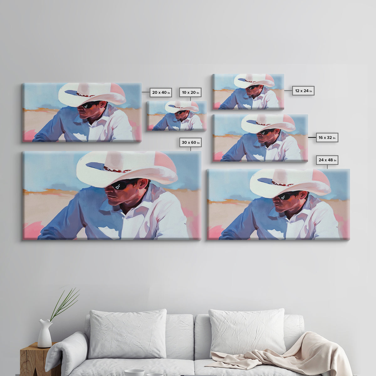 Cowboy Painting, Western Art, Rustic Wall Art, Coastal Cowgirl Art, Lofi Art, Chicano Art, Framed Canvas Print, Extra Wide Art, Panoramic Art
