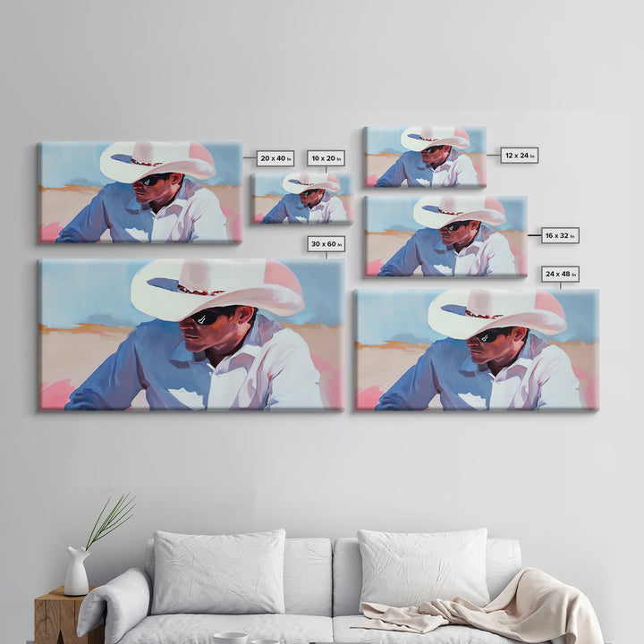 Cowboy Painting, Western Art, Rustic Wall Art, Coastal Cowgirl Art, Lofi Art, Chicano Art, Framed Canvas Print, Extra Wide Art, Panoramic Art