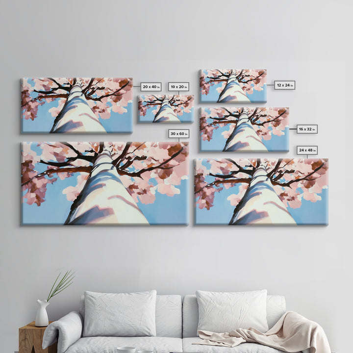 Cherry Blossom Painting, Birch Tree Art, Pink Wall Art, Botanical Prints, Extra Wide Art, Canvas Print, Above Sofa Art, Horizontal Wall Art