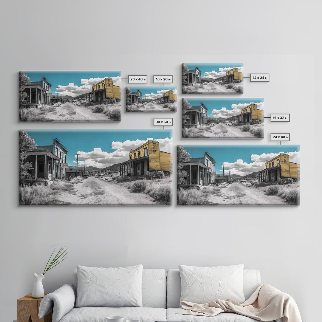 Abandoned Ghost Town Canvas Print Rustic Wall Art Western Landscape Painting Wabi Sabi Art Above Couch Art Extra Wide Horizontal Art