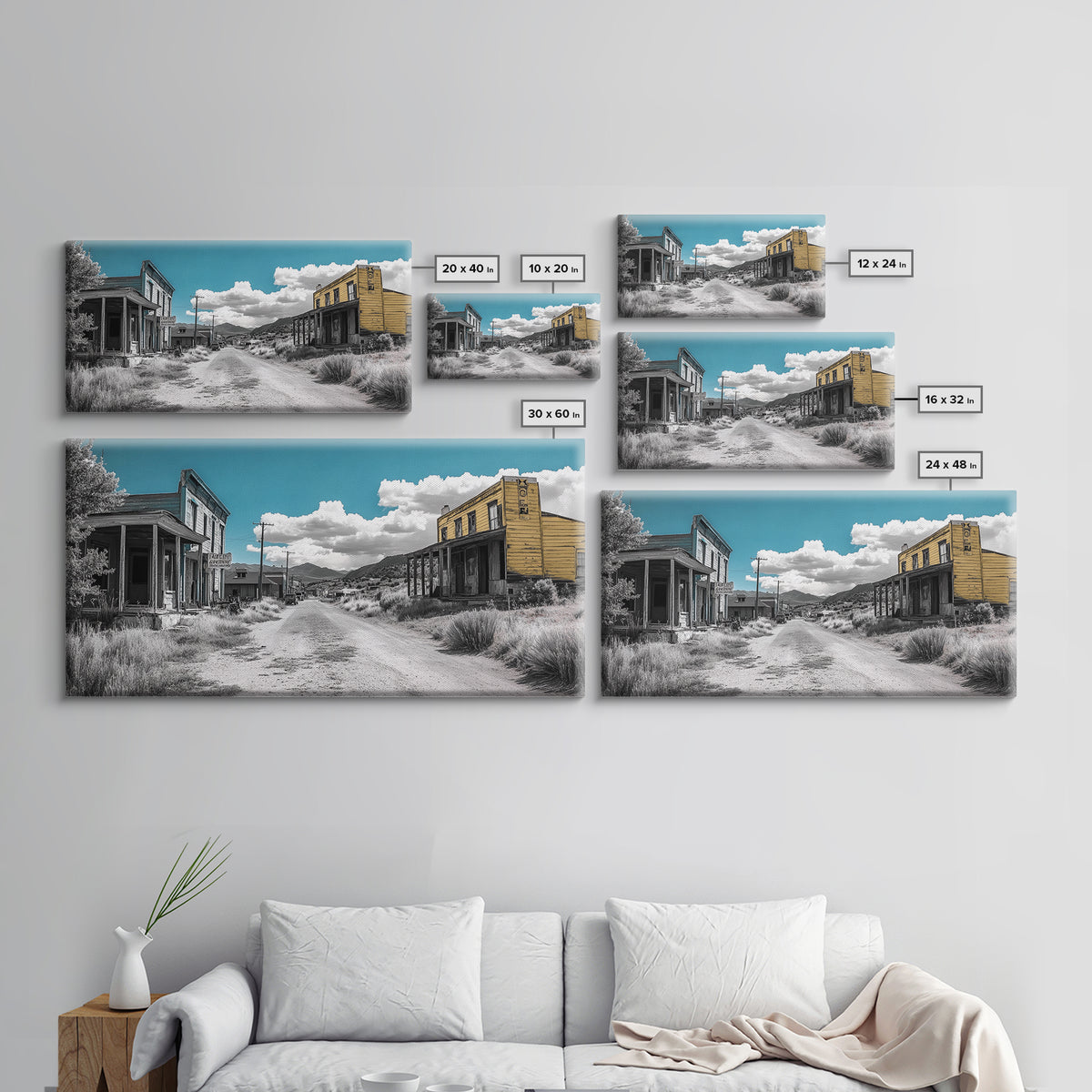 Abandoned Ghost Town Canvas Print Rustic Wall Art Western Landscape Painting Wabi Sabi Art Above Couch Art Extra Wide Horizontal Art